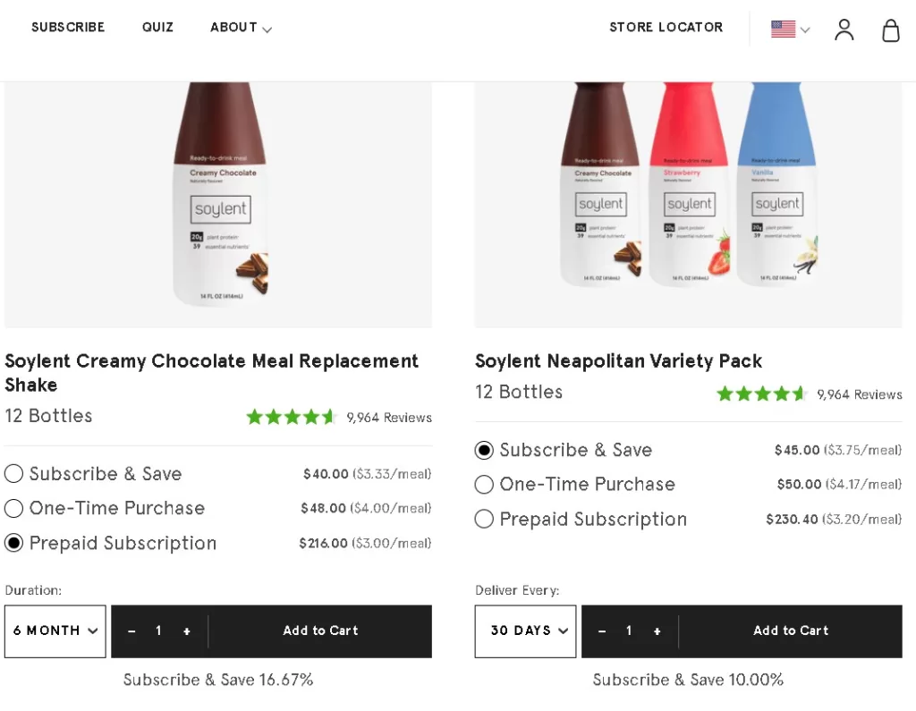 Screenshot of Soylent’s shop page showing Subscribe and save options