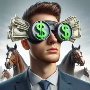 Male salesperson with horse blinkers. The blinkers are dollar bills to signify a narrower field of vision when incentivized by commission.